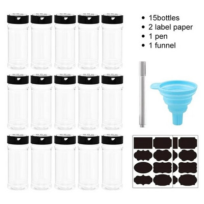 5/10/15/20 vnt Prieskonių stiklainiai su plaktuvų dangteliais Etiketės Plastikinis skaidrus prieskonių butelis žolelių milteliams Druskos pipirai BBQ prieskonių dėžutė