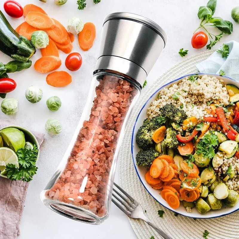 Leeseph 18/8 šlifuoto nerūdijančio plieno pipirų ir druskos malūnėlis, 6 uncijų stiklo aukštas korpusas, 5 laipsnių reguliuojamas keraminis rotorius