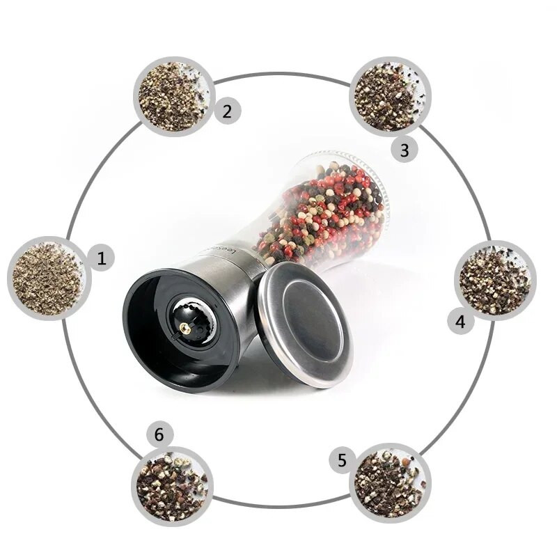 Leeseph 18/8 šlifuoto nerūdijančio plieno pipirų ir druskos malūnėlis, 6 uncijų stiklo aukštas korpusas, 5 laipsnių reguliuojamas keraminis rotorius