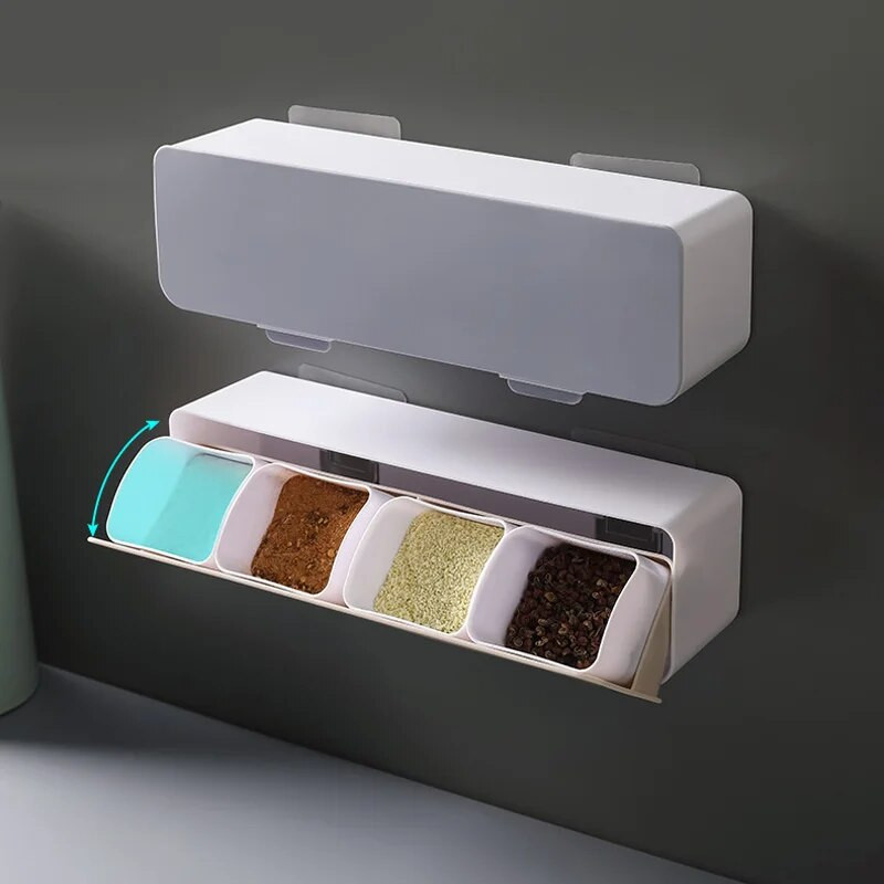 Prieskonių dėžutė, druskos pipirų prieskonių lentynėlė, indelis su cukrumi, sieninis virtuvės prieskonių laikiklis