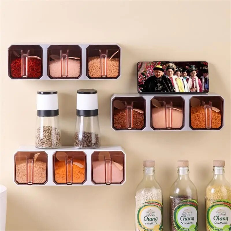 Prieskonių laikymo lentyna virtuvei Cukraus druskos indelių prieskonių talpyklos dėžutė Buitinė ant sienos montuojamas kombinuotas rinkinys be perforavimo