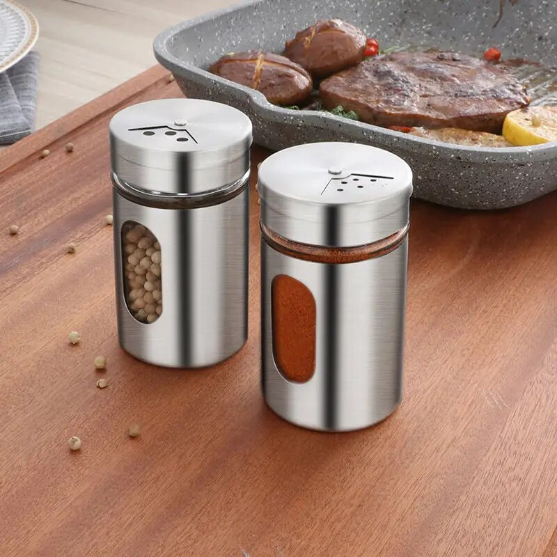 Ανοξείδωτο ατσάλι Spice Pepper Shakers Περιστρεφόμενο κάλυμμα Καρύκευμα Μπουκάλι Αλάτι Ζάχαρη Καρυκεύματα Κασσίτερος Κάμπινγκ BBQ Βαζάκια Κουζίνας