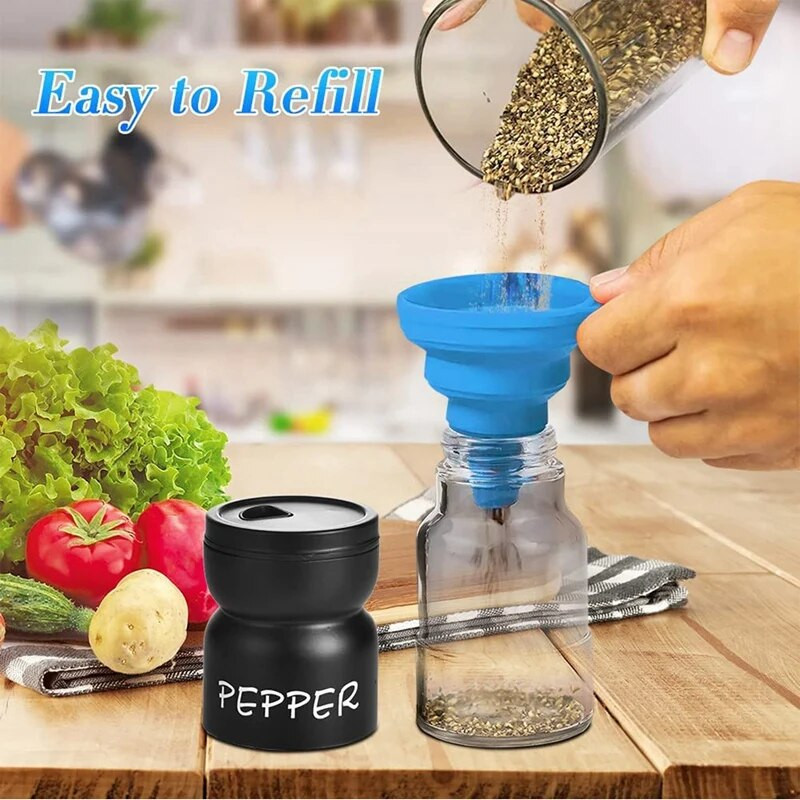 2 vnt. juodos ir baltos druskos ir pipirų plaktuvų rinkinys, pipirų plaktuvai su šepetėliu ir piltuvu, sodybos virtuvės dekoras