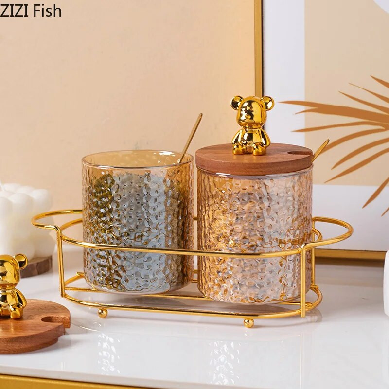 Καπάκι Little Bear Διάφανο γυάλινο κουτί μπαχαρικών κουζίνας αλάτι πιπέρι Ζάχαρη καρυκεύματα αποθήκευσης Μοντέρνο δημιουργικό σετ καρυκευμάτων