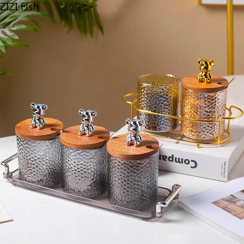 Καπάκι Little Bear Διάφανο γυάλινο κουτί μπαχαρικών κουζίνας αλάτι πιπέρι Ζάχαρη καρυκεύματα αποθήκευσης Μοντέρνο δημιουργικό σετ καρυκευμάτων