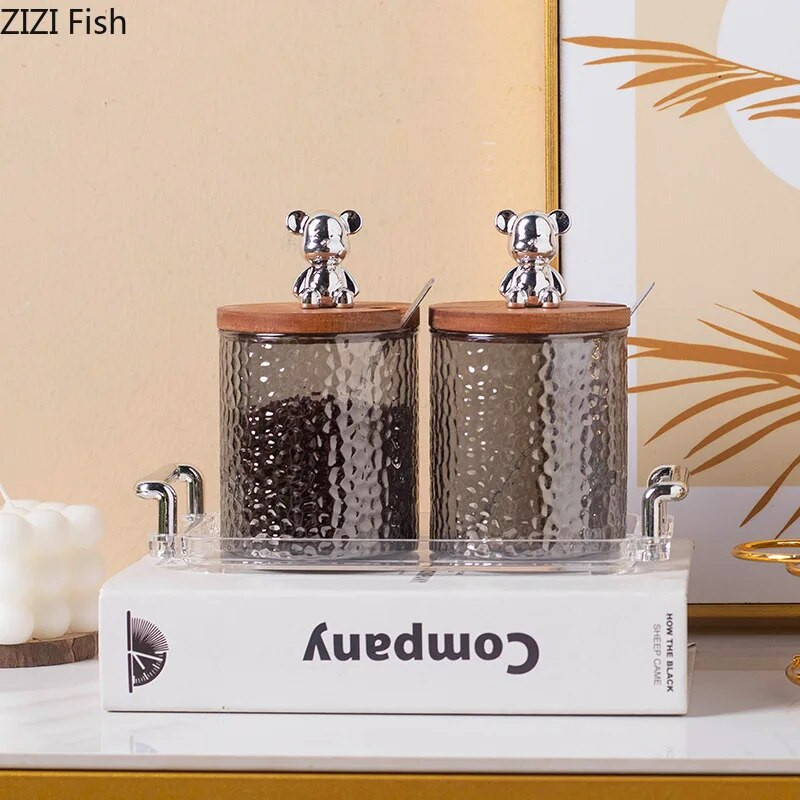 Καπάκι Little Bear Διάφανο γυάλινο κουτί μπαχαρικών κουζίνας αλάτι πιπέρι Ζάχαρη καρυκεύματα αποθήκευσης Μοντέρνο δημιουργικό σετ καρυκευμάτων