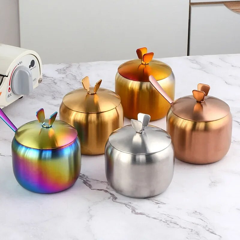 Virtuvės nerūdijančio plieno aukso prieskonių puodas Puikus dizainas Prieskonių Druska Cukraus Indelis Pipirų Indelis Įrankis su dangteliu ir šaukštu