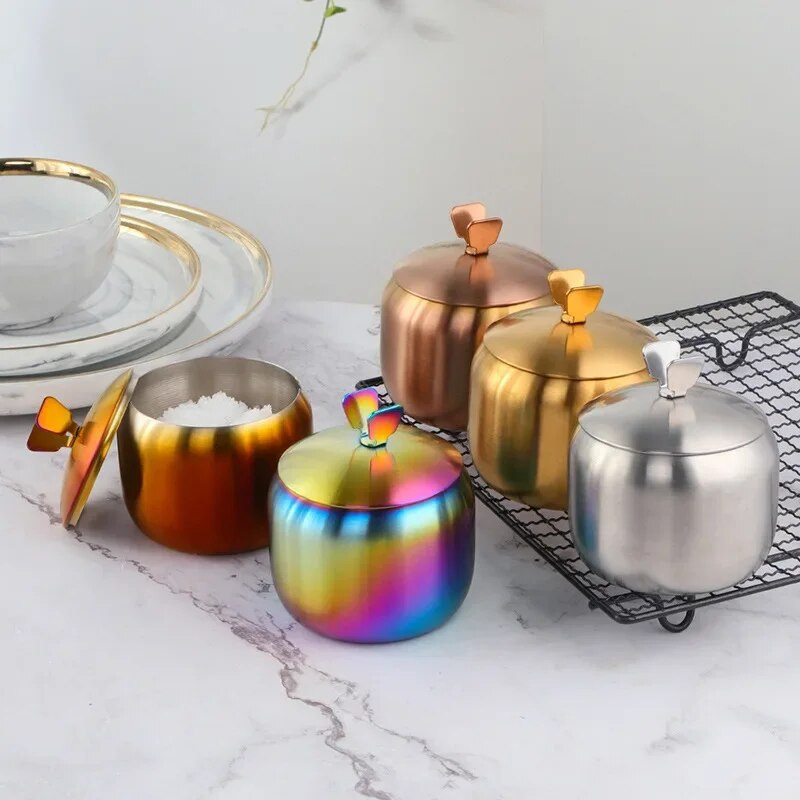 Virtuvės nerūdijančio plieno aukso prieskonių puodas Puikus dizainas Prieskonių Druska Cukraus Indelis Pipirų Indelis Įrankis su dangteliu ir šaukštu