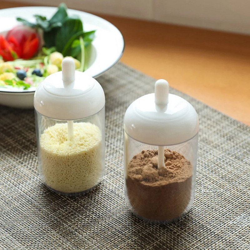 2 u 1 boca za začine Kutija za pohranu soli Plastična staklenka za začine za sol, šećer, papar u prahu sa žlicom Prozirne kuhinjske potrepštine