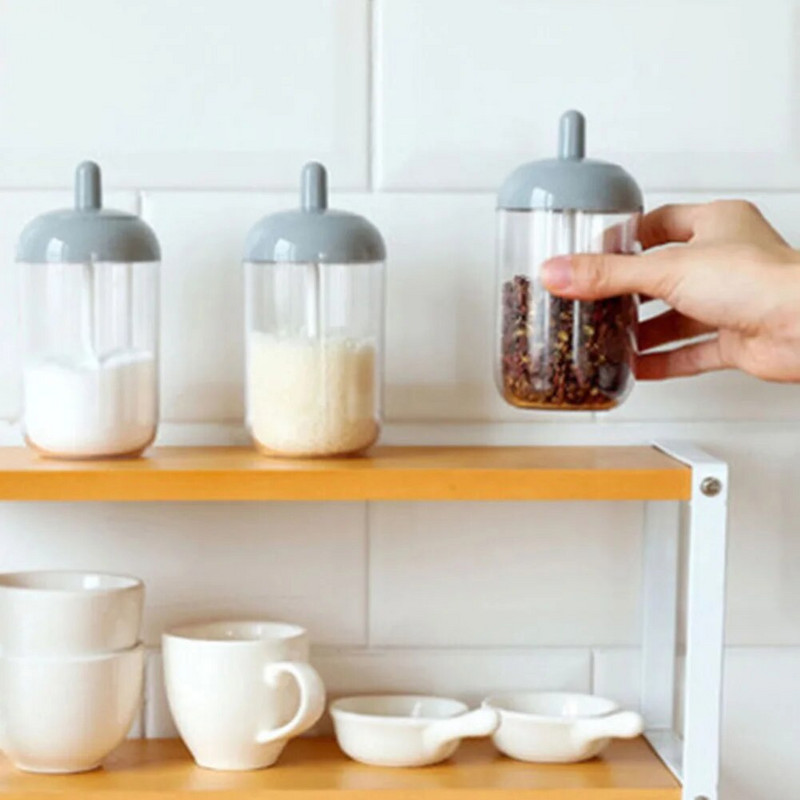 2 u 1 boca za začine Kutija za pohranu soli Plastična staklenka za začine za sol, šećer, papar u prahu sa žlicom Prozirne kuhinjske potrepštine