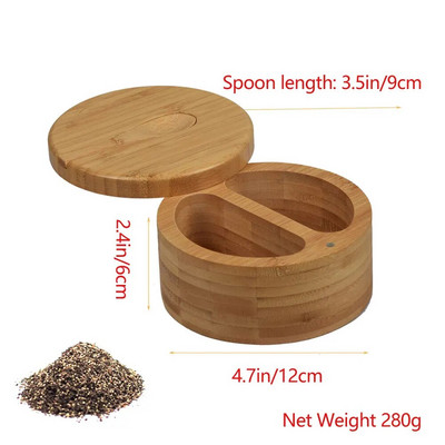 Recipient de sare din bambus lingură Borcan de condiment cu capac pivotant cu închidere magnetică pentru a menține uscat pentru depozitare Suport pivniță pentru condimente