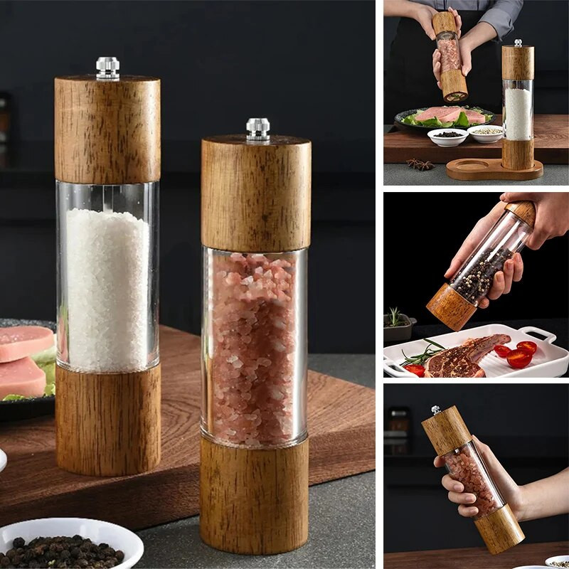 Medinis malūnėlis akrilas rankinis pipirų malūnėlis senovinis medinis pipiras druskos šlifavimas keramikos šerdies virtuvės įrankiai