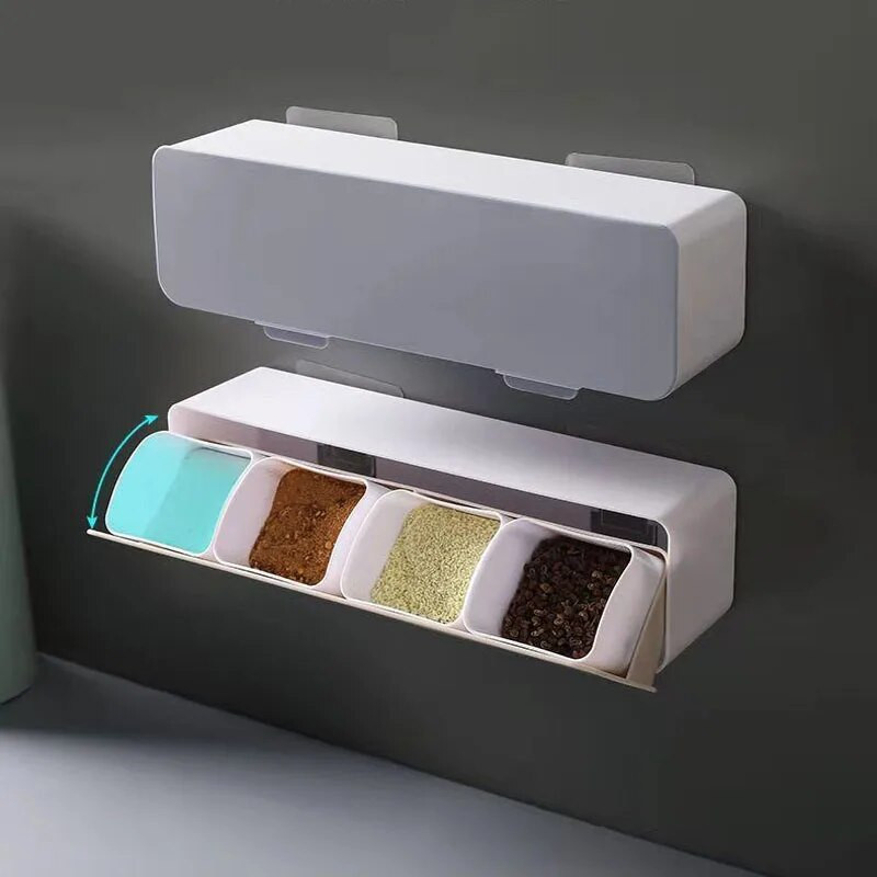 1 cutie de condimente cu lingură, montată pe perete, borcane de depozitare sare, zahăr, piper, organizator de condimente de uz casnic, container, accesorii de bucătărie
