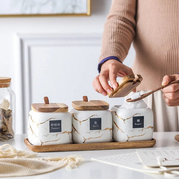Кухненски матиран комплект буркани за подправки Мраморна керамична домакинска комбинирана кутия за подправки Бутилка за подправки сол и захар