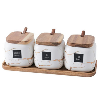 Кухненски матиран комплект буркани за подправки Мраморна керамична домакинска комбинирана кутия за подправки Бутилка за подправки сол и захар