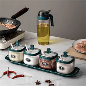 Sticlă de condimente Borcan de condimente din plastic cu lingură Saliner Recipient de zahăr Dispenser Bol pentru sos Raft pentru condimente Gadgets de bucătărie