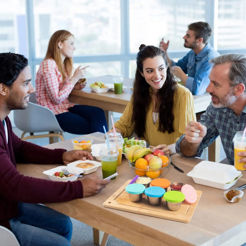 Daugkartinio naudojimo pagardų indelis nerūdijančio plieno padažo puodelis su silikoniniais dangteliais salotų padažo indelis pikniko maisto laikymo pietų dėžutė