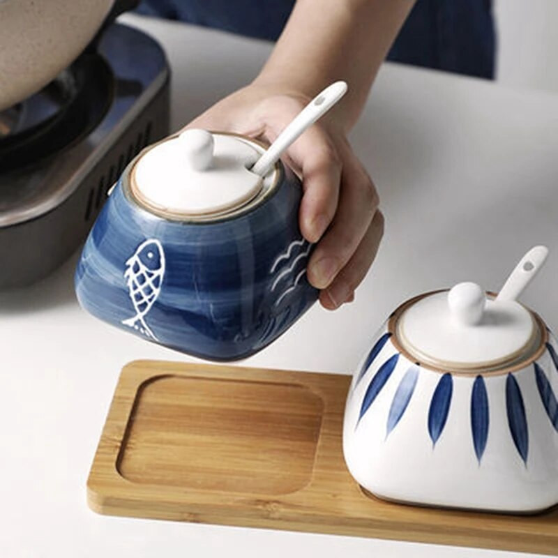 Keramički shaker u japanskom stilu Šećer Sol Papar Lonac za začine Zdjela Kuhinjska kutija za pohranu Posuda za pohranu sa žlicom