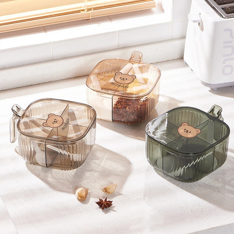 WORTHBUY Borcan de condimente cu mai multe compartimente, cu patru linguri, borcan de condimente din plastic, sigiliu, organizator de condimente, accesorii de bucătărie