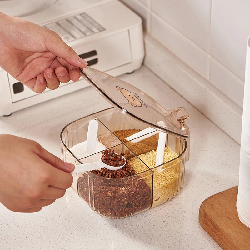 WORTHBUY Borcan de condimente cu mai multe compartimente, cu patru linguri, borcan de condimente din plastic, sigiliu, organizator de condimente, accesorii de bucătărie