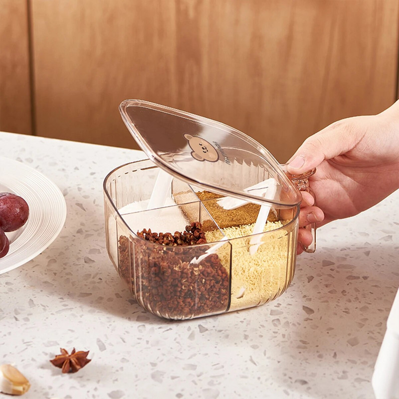 WORTHBUY Borcan de condimente cu mai multe compartimente, cu patru linguri, borcan de condimente din plastic, sigiliu, organizator de condimente, accesorii de bucătărie