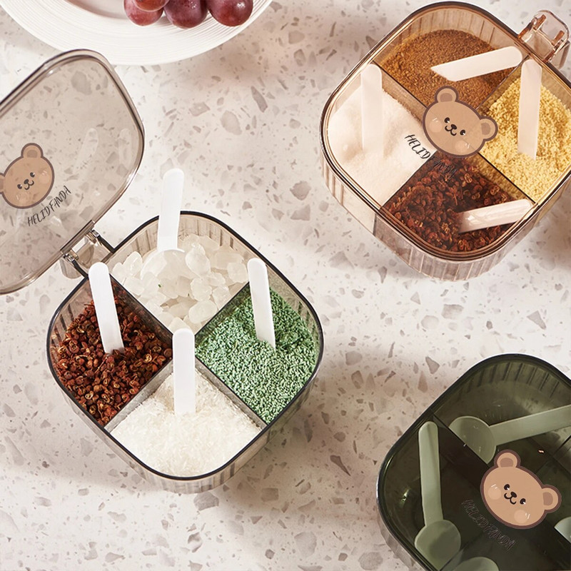 WORTHBUY Borcan de condimente cu mai multe compartimente, cu patru linguri, borcan de condimente din plastic, sigiliu, organizator de condimente, accesorii de bucătărie