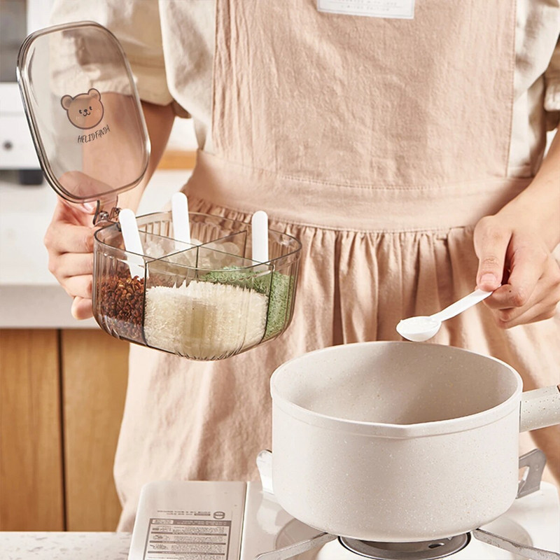 WORTHBUY Borcan de condimente cu mai multe compartimente, cu patru linguri, borcan de condimente din plastic, sigiliu, organizator de condimente, accesorii de bucătărie