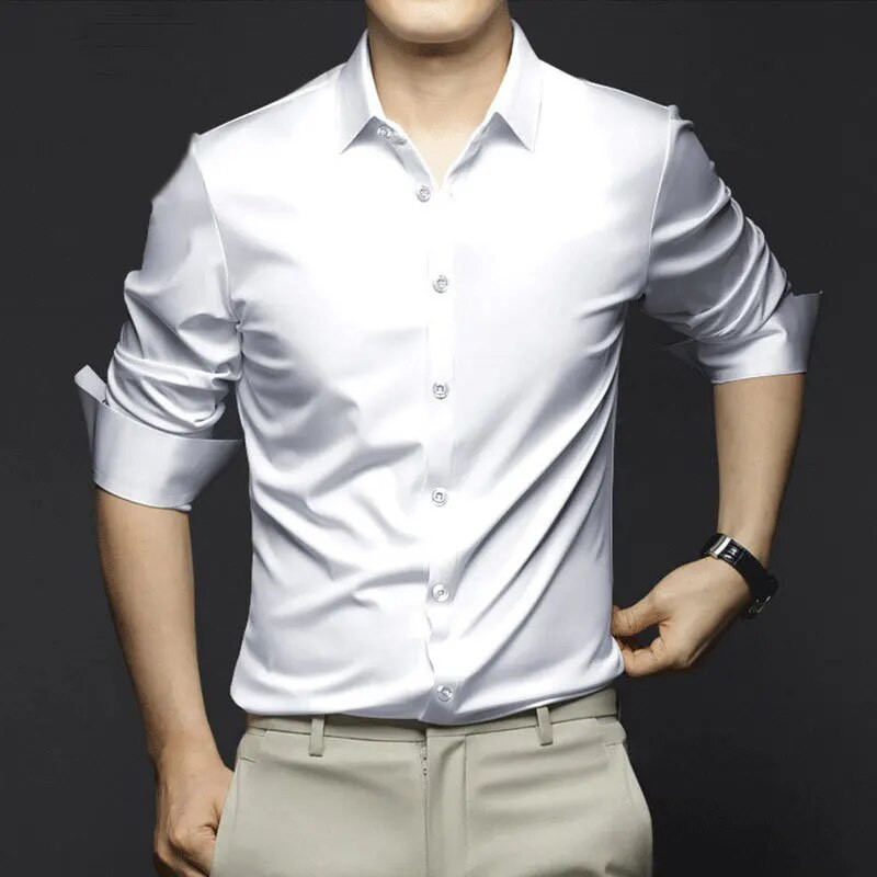 Nauji aukštos kokybės vienspalviai tamprūs vyriški marškiniai nuo raukšlių ilgomis rankovėmis Suknelės marškinėliai Liekni socialinio verslo laisvalaikio marškinėliai S-5XL