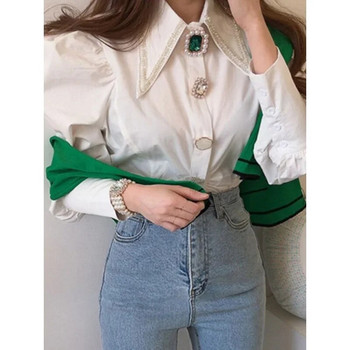 Дамски ризи Френска ретро блуза Пролетна риза с копчета с остра яка и дълъг буф ръкав с перлено копче Тънки бели топове