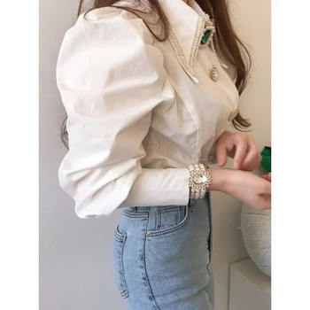 Γυναικεία πουκάμισα Γαλλική vintage μπλούζα με άνοιξη με κουμπιά επάνω Πουκάμισο με μυτερό γιακά μακρύ μανίκι μαργαριταρένιο λεπτές λευκές μπλούζες