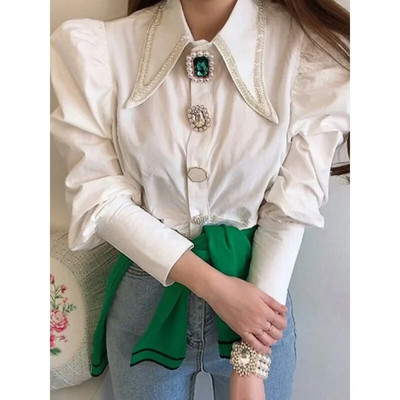 Дамски ризи Френска ретро блуза Пролетна риза с копчета с остра яка и дълъг буф ръкав с перлено копче Тънки бели топове