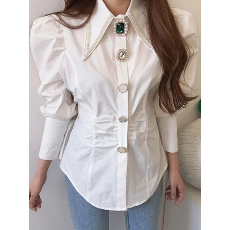 Ženske košulje Francuska vintage bluza Proljetna košulja sa šiljastim ovratnikom, dugim puf rukavima i bisernim gumbima, uske bijele majice