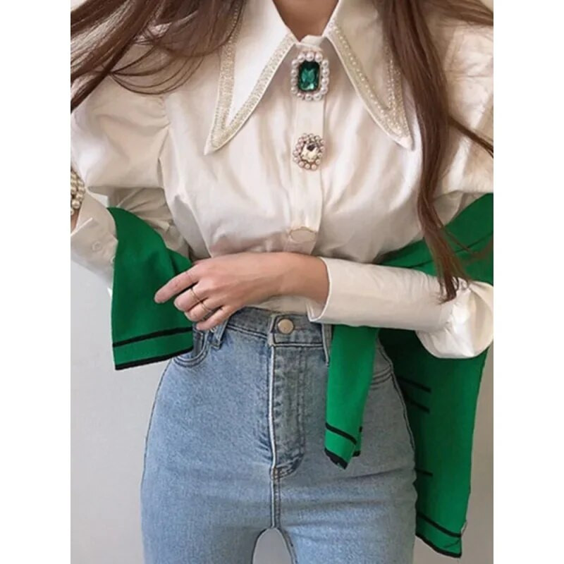Ženske košulje Francuska vintage bluza Proljetna košulja sa šiljastim ovratnikom, dugim puf rukavima i bisernim gumbima, uske bijele majice