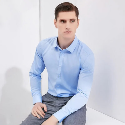 Cămăși alb pur de primăvară și vară pentru bărbați cu mâneci lungi, decorate cu corp subțire, la modă, business, casual și fără călcat