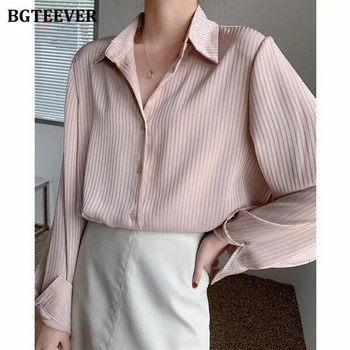 BGTEEVER Офис дамски раирани дамски блузи Топове с пълен ръкав Свободни дамски ризи Елегантни пролетни блузи Mujer 2021