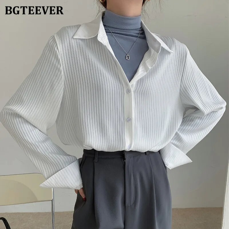 BGTEEVER Ženske uredske ženske bluze na pruge, majice s punim rukavima, široke ženske košulje, elegantne proljetne bluze Mujer 2021.