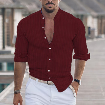 2023 Пролет Есен Модни мъжки ленени ризи с дълги ръкави и стояща яка Ежедневна риза Мъжки горнища на дрехи