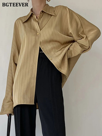 BGTEEVER Κομψό Vintage γυναικείο ριγέ πουκάμισο μακρυμάνικο μονόστομο φαρδύ γυναικείο σατέν μπλούζες άνοιξη