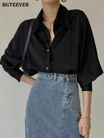 BGTEEVER Κομψό Vintage γυναικείο ριγέ πουκάμισο μακρυμάνικο μονόστομο φαρδύ γυναικείο σατέν μπλούζες άνοιξη