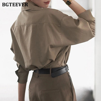 BGTEEVER Винтидж свободни едноредни дамски ризи Пролет Лято Ревери С цели джобове Стилни дамски блузи Топове