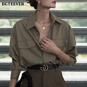 BGTEEVER Vintage Loose μονόπλευρα γυναικεία πουκάμισα Ανοιξιάτικο καλοκαιρινό πέτο Ολόσωμες τσέπες Κομψές γυναικείες μπλούζες μπλούζες