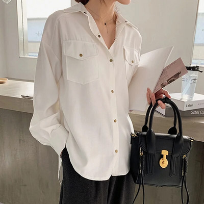 2022. Bijela elegantna košulja na kopčanje Ženska jesen Nova labava bluza dugih rukava Jakna za sunčanje Ženske vintage majice Blusas Mujer
