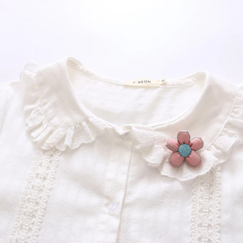 Студентски дамски топове и блузи в корейски стил Лолита Питър Пан Дантелена блуза с яка и копчета Тинейджърка Бяла риза с дълъг ръкав на цветя