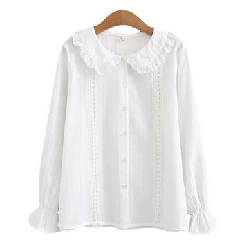 Γυναικεία μπλουζάκια και μπλούζες κορεάτικου στιλ φοιτητής Lolita Peter Pan με γιακά με κουμπιά μπλούζα για έφηβη, μακρυμάνικο λευκό πουκάμισο