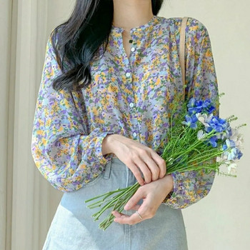Дамска шифонена блуза с елегантен принт, пролет, лято, ежедневна свободна риза с дълги ръкави и V-образно деколте, офис дамски копчета, сладки топове 2023 г.