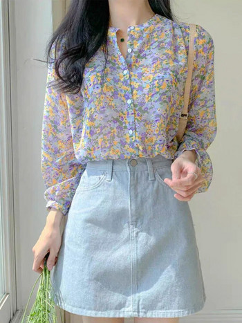Дамска шифонена блуза с елегантен принт, пролет, лято, ежедневна свободна риза с дълги ръкави и V-образно деколте, офис дамски копчета, сладки топове 2023 г.