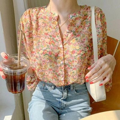 Bluză din șifon cu imprimeu elegant pentru femei, primăvară, vară, ocazional, cu mânecă lungă, cu decolteu în V, cămașă lejeră Office Lady, cu nasturi, Topuri dulci 2023
