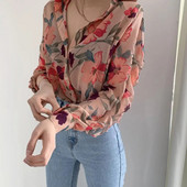 Femei cu guler răsturnat cu mânecă lungă, cămașă cu imprimeu floral și frunze, bluză de birou din șifon, îmbrăcăminte pentru femei блузка женская ropa mujer 2020