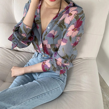 Дамска риза с отложена яка с дълъг ръкав на листа и флорален принт Шифонена офис блуза Дамско облекло блузка женская ropa mujer 2020