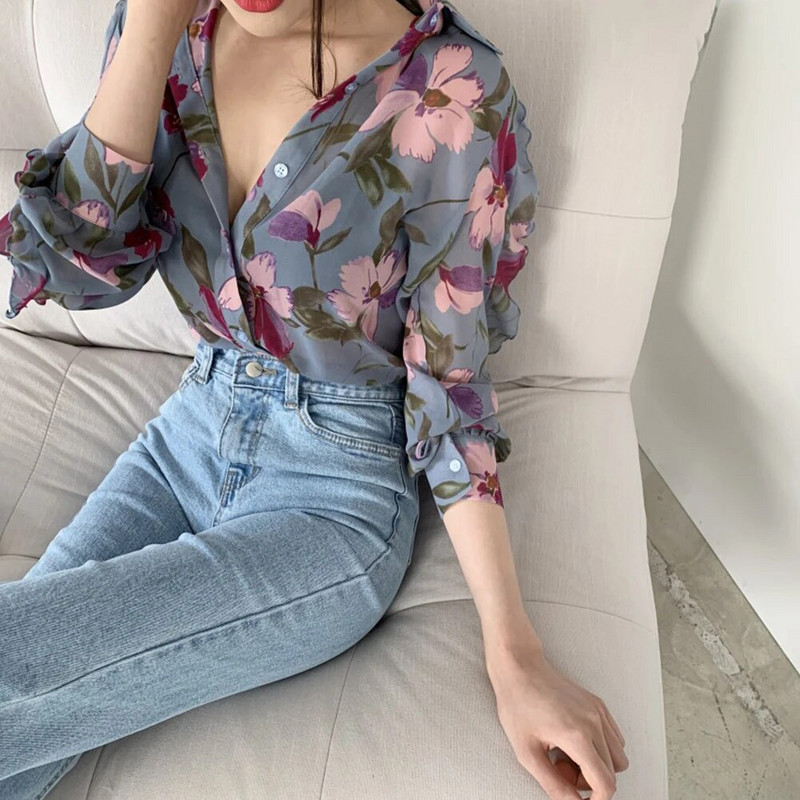 Γυναικείο πουκάμισο γιακά με μακρυμάνικο φύλλο λουλουδάτο πουκάμισο σιφόν μπλούζα γραφείου Γυναικεία ρούχα блузка женская ropa mujer 2020